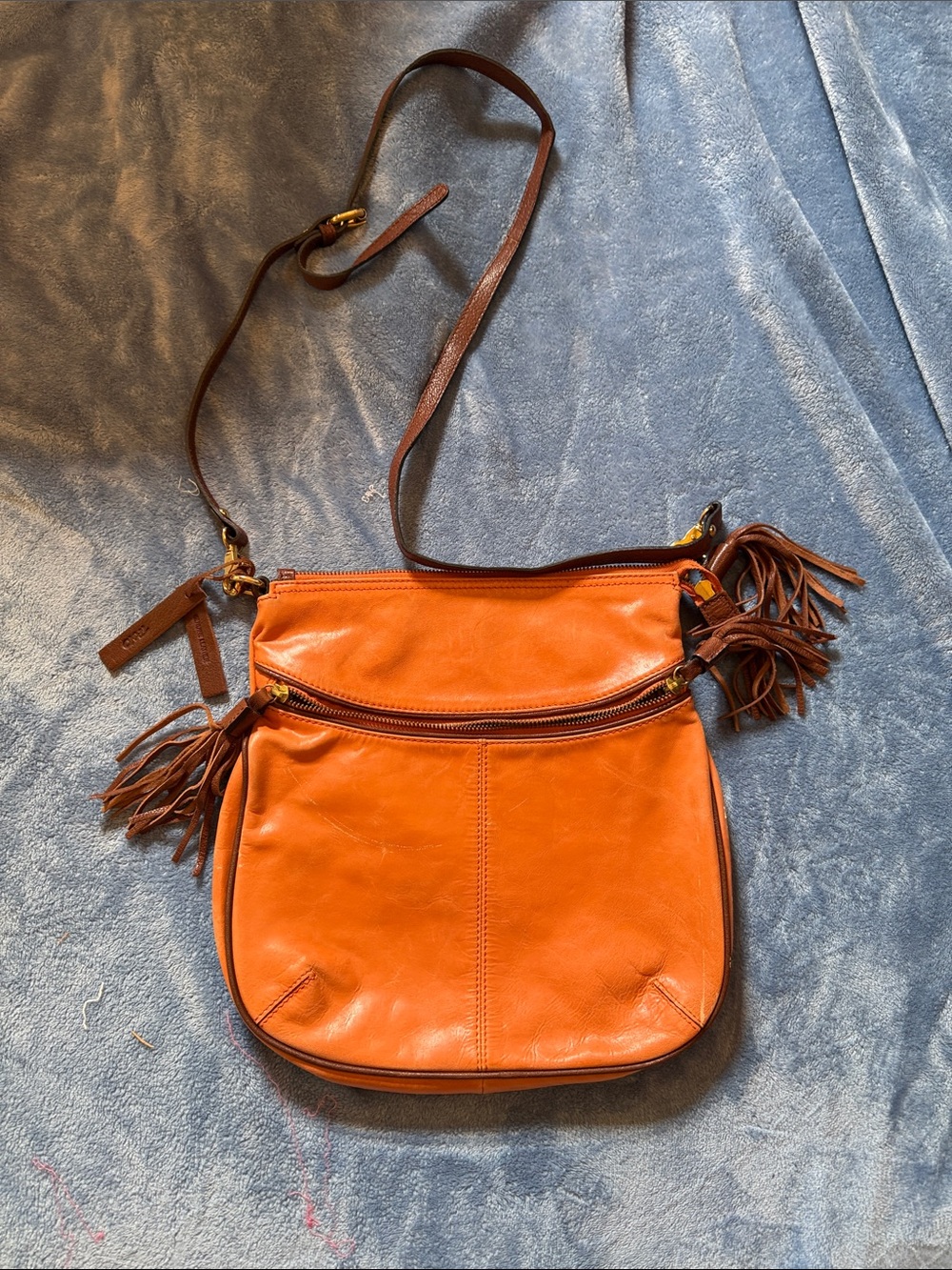 Tano Orange Leather Crossbody with Brown Strap and Tassels